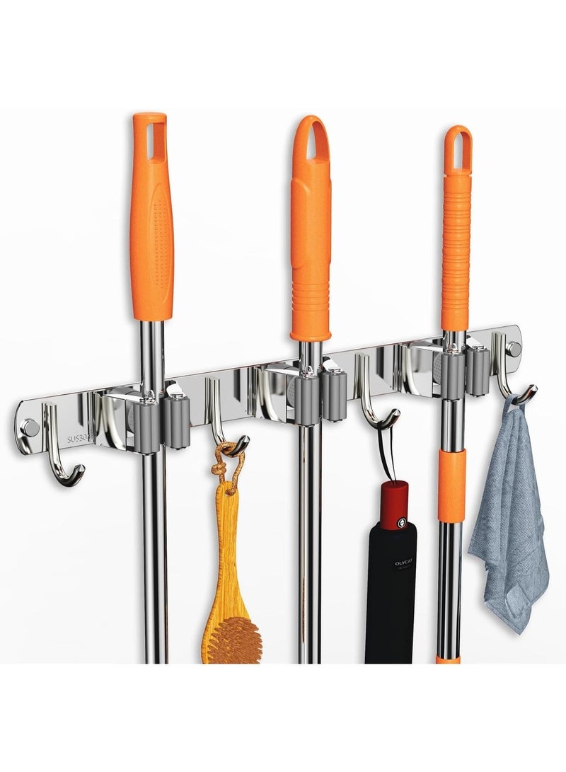 حامل المكانس، ملصقات الغراء أو شماعة الممسحة والمكنسة المثبتة على الحائط، رف تخزين جداري للمرآب، منظم أدوات المطبخ والحديقة (3 رفوف مع 4 خطاطيف، فضي) - Image 1